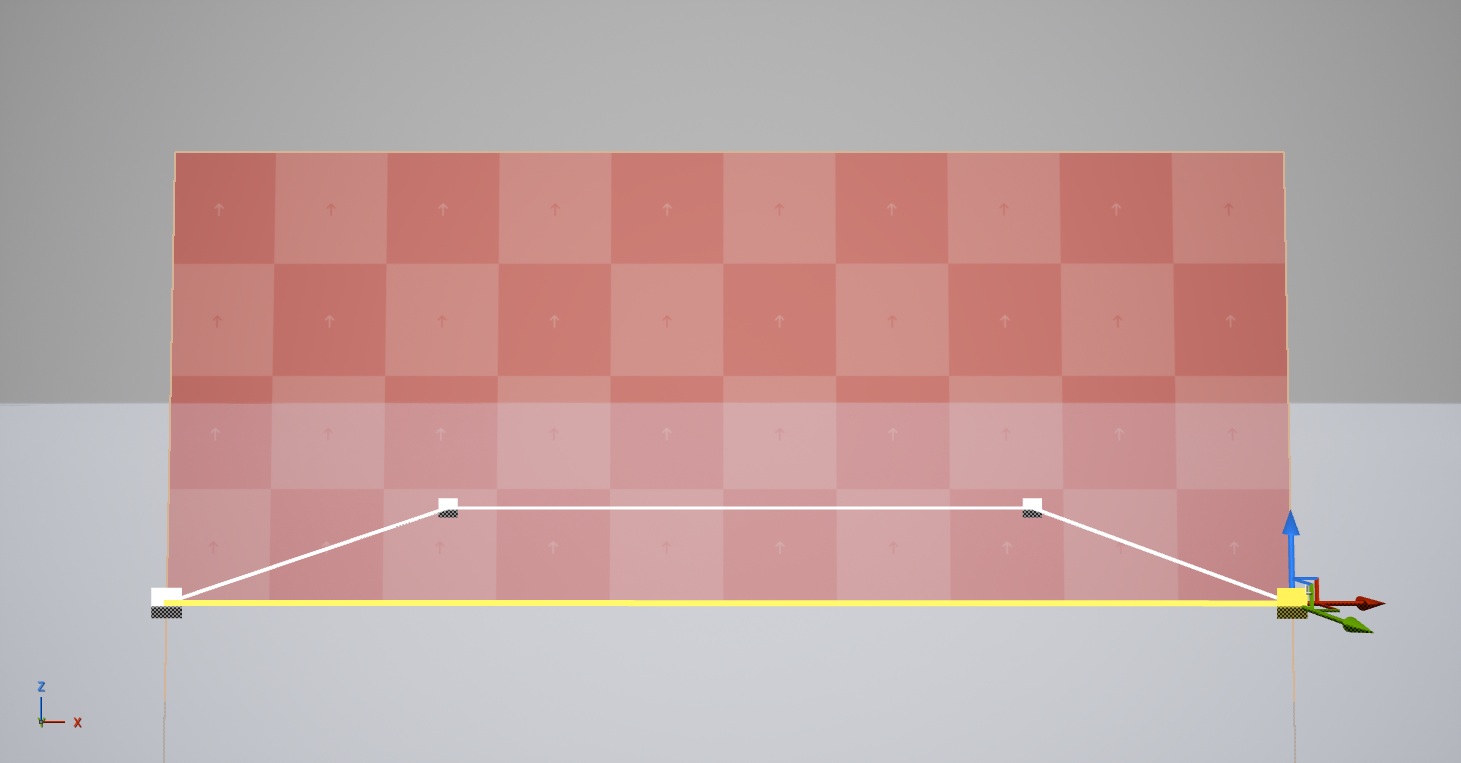 A volume seen from the side in the viewport, its spline points sitting at different heights along the base and one point selected with the move gizmo.