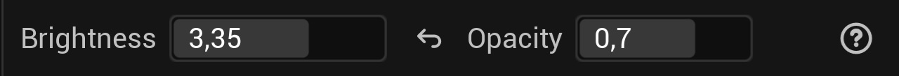 The bottom row of the panel: a Brightness field set to 3.35 with a reset arrow beside it, an Opacity field set to 0.7, and the help question-mark button.