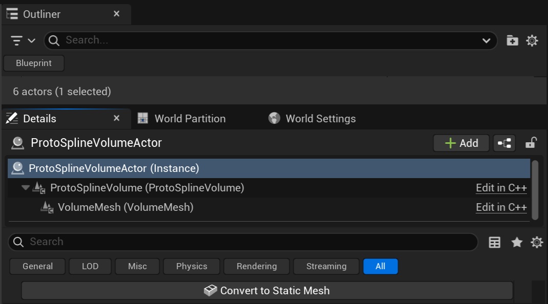 The Details panel for a selected ProtoSplineVolumeActor, with the Convert to Static Mesh button at the bottom.