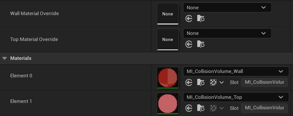 The Details panel showing Wall Material Override and Top Material Override set to None, above a Materials section with Element 0 on MI_CollisionVolume_Wall and Element 1 on MI_CollisionVolume_Top.