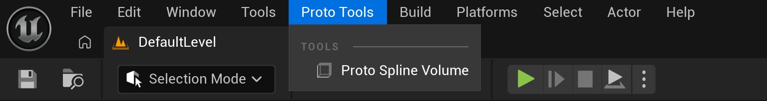 The Unreal menu bar with the Proto Tools menu open between Tools and Build, showing Proto Spline Volume under a Tools heading.