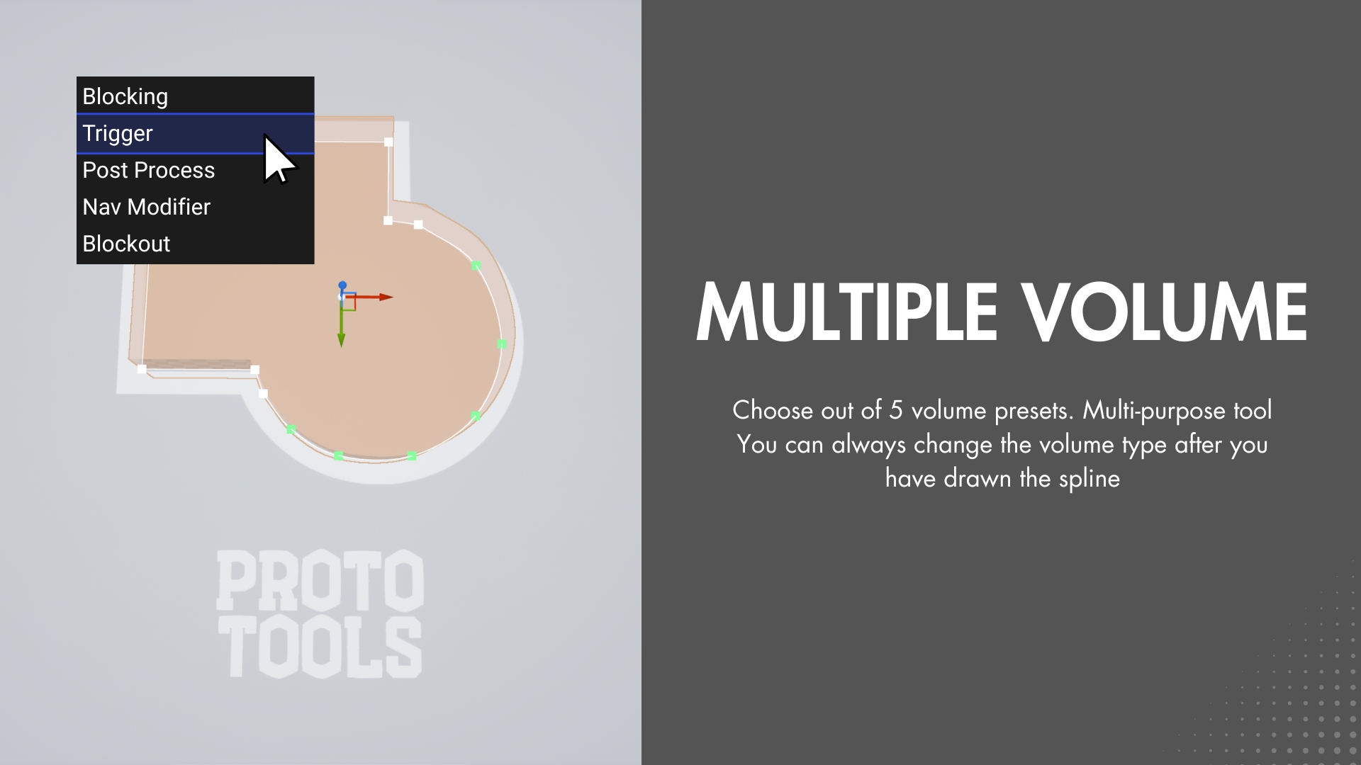 The Volume Type dropdown open on a drawn volume, listing Blocking, Trigger, Post Process, Nav Modifier and Blockout.