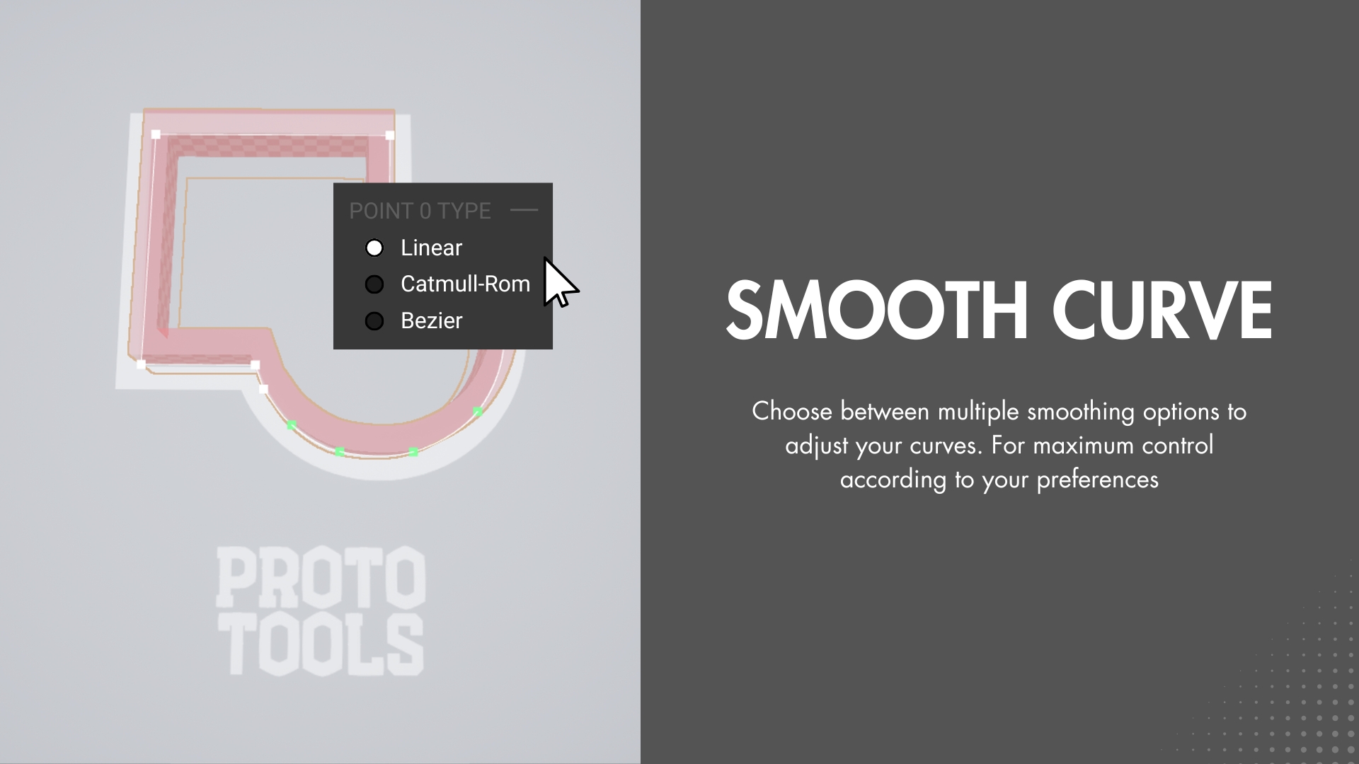 Right-clicking a spline point opens a Point 0 Type menu with Linear, Catmull-Rom and Bezier options, on a volume that mixes square corners with a smooth curve.